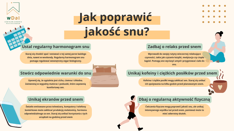 Jak poprawić jakość snu?
Ustal regularny harmonogram snu
Unikaj ekranów przed snem
Zadbaj o relaks przed snem
Dbaj o regularną aktywność fizyczną
